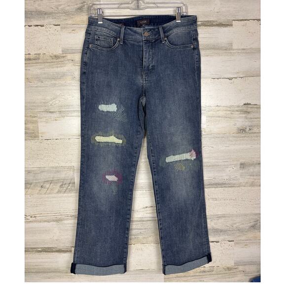 NYDJ womens 6 blue denim marilyn straight distressed jeans medium wash ankle new - Picture 1 of 5
